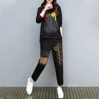 Black Denim Sets Cowboy  Print Top and Long Pant Suits Embroidery Loose Clothes 4