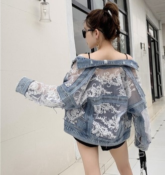 2020 New Summer Long Sleeve Large Size Jeans Jackets Women's Coat Loose Lace Stitching Perspective top Jacket Ladies denim coat 1