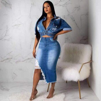 Casual Slim Jeans Short Jacket +tassel Skirt Jeans Denim 2 Piece Set   1