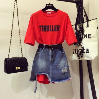 Girl's Letters Print Loose Long T-shirt + Hole Irregular Denim Skirts Twinset Jeans Skirt Sets 1