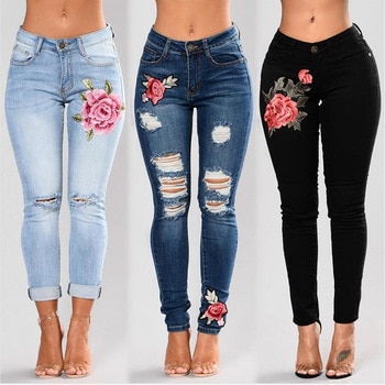 Stretch Embroidered Ripped Rose Pattern Jeans  1