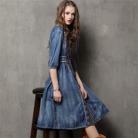 V-Neck A-Line Loose Denim Dresses  4
