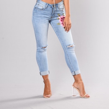 Stretch Elastic Pencil Ripped Rose Pattern Jeans  3
