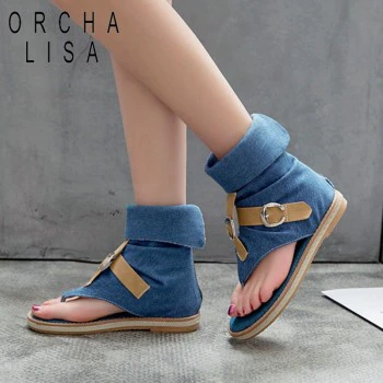 Blue Denim shoes woman buckle Gladiator Sandals Women Summer Jeans Boots western booties sandalias Plus Size 43 1