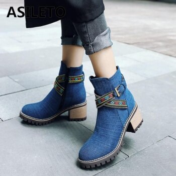 ASILETO denim boots zip ankle boots for women booties cowboy jeans thick heels shoes casual women shoes ladies footwear botas722 1