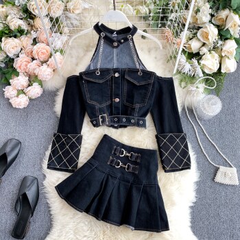 Vintage Long Sleeve Strapless Chain Halter Hollow Out Denim Top Short Mini Skirt Two Piece Set  1