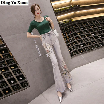 Korean Style Female Handmade Beaded Embroideried Flared Jeans Pants Women Skinny High Waist Jeans Woman Wide Leg Denim Trousers 4
