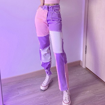 hip hop patchwork high waist straight Jeans  1