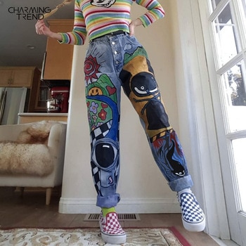 Cartoon Printed Casual Single Breasted Hight Waist Jeans 1