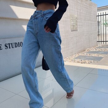 Straight Leg Jeans Asymmetric Waist Loose High Waist Jeans  1