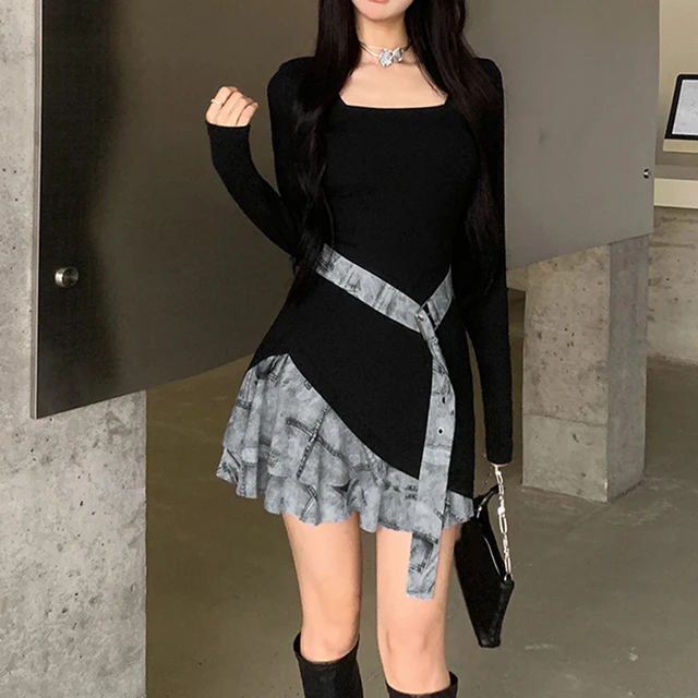 Vintage contrasting denim Knit Dresses for Spring/Summer Women's Dress with Belt 2024 NEW High Waist Skinny Mini Dress Woman 1