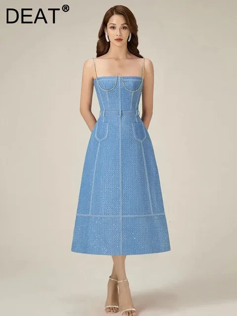 DEAT Women's Fashion Dress Sequins Camisole Sleeveless High Waist Soft Cowboy Diamond Elegant Dresses Spring 2024 New 13DB1723 1