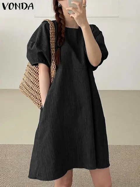 VONDA Women Dress 2023 Casual Short Puff Sleeve Party Denim Dress Elegant Sundress Solid Color Vestidos Bandage 1