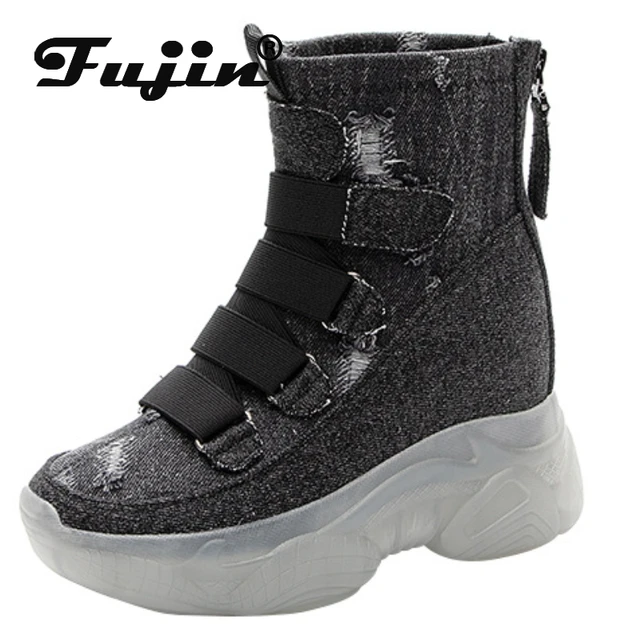 Fujin 8.5cm 2024 Denim Women Hook Spring Ankle Boots Platform Wedge Autumn Fashion High Brand Hidden Heels Fashion Zipper Shoes 1