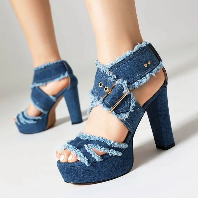 Brushed Fringes Denim Jeans Punk Gothic Belt Buckle Summer Women Sandals Peep Toe Platform High Heels Blue Gladiator Shoes 34-43 1