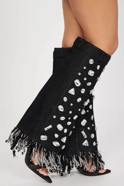 Gladiator Crystal Shoes Long Denim Boots For Women Footwear Female Rhinestones Fashion Knee High Boots Ladies Heels Pumps Shoes 3