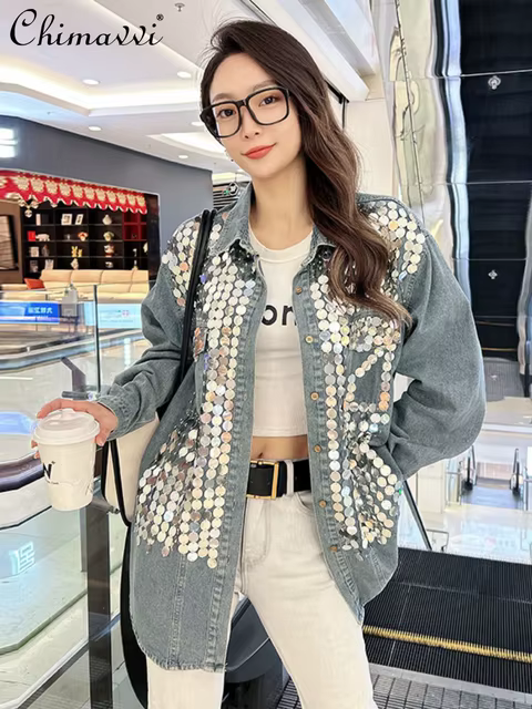 Fashion Denim Shirt Women's 2024 Spring and Autumn New Heavy Industry Coat Loose Long Sleeve Streetwear Blouse Ladies Outer Wear 1