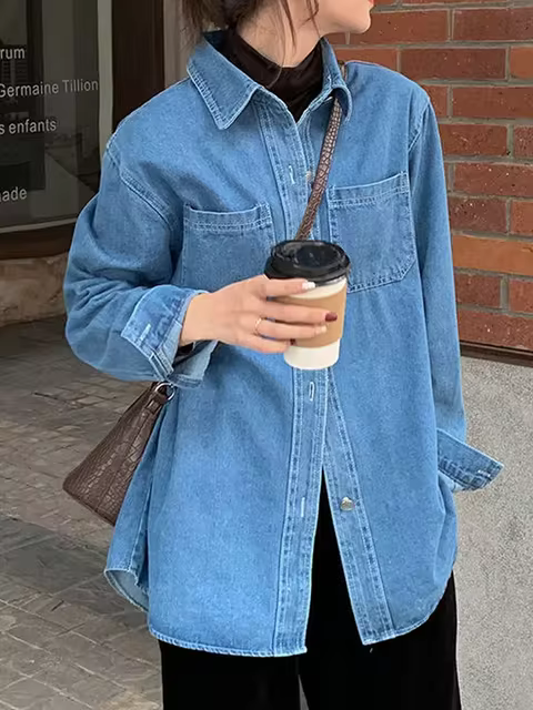 Women Vintage Blue Denim Shirts Fashion Long Sleeve Top Ladies Spring Loose Single Breasted Blouses Female Blusas Para Mujer 1