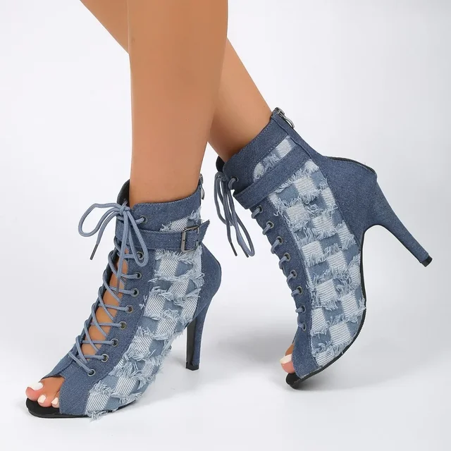 Fish Mouth High Heels Women Spring Summer Lace Up High Top Mesh Denim Slim Heels Sandals Outdoor Banquet Street Casual Shoes 1