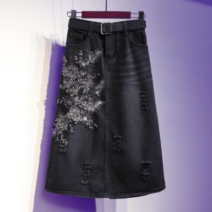New Arrival Spring Autumn Korea Fashion Women High Waist Knee-length Denim Skirt Embroidery Floral A-line Skirt Plus Size S826 1