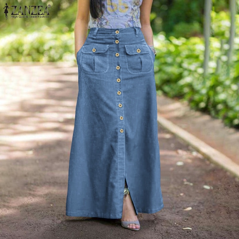 Women Retro Skirts ZANZEA 2021 Summer Denim Blue Long Skirt Casual Solid Split Bottoms Lady A-line Button Up Skirt Oversize 5XL 1