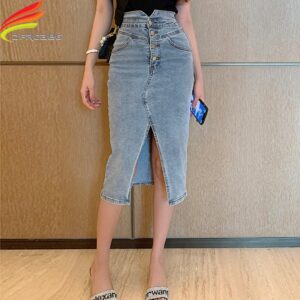 New 2020 Autumn High Waist Slit Skirt Denim Korean Style Single Buttons Up Pockets A Line Elegant Blue Midi Jeans Skirts Womens 1