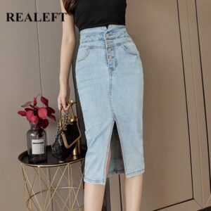 REALEFT 2021 New Spring Summer Vintage Women's Denim Wrap Skirt High Wasit Buttons Jeans Skirts Female Pencil Front Split Skirts 1
