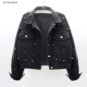Black Vintage Oversized Women Short Jeans Jacket With Pearls Diamonds 2020 Spring Streetwear  Female Denim Coat Loose Outwear 1