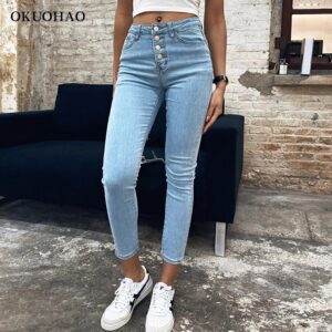 Stretch High Waist Jeans Women 2021 New Skinny Slim Fashion Washed Trousers Female Denim Pencil Pants Elastic Ninth Pants 1