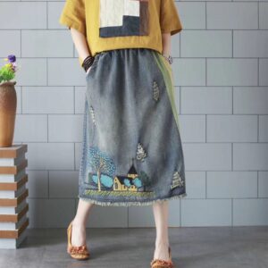2020 Spring Summer New Fashion Women Cotton Denim Cartoon Embroidery Skirt Elastic Waist All-matched Casual Long Skirt S645 1