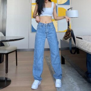 2020 Women Jeans Baggy Smoky Gray Blue Elegant Wide Leg Cargo Pants Girl Straight Casual Loose High Waist Denim For Femme Mujer 3