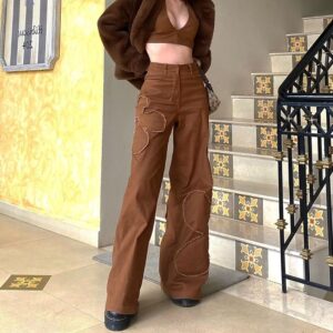 Rapcopter Brown Floral Jeans Y2K Retro Denim Pants Baggy Straight Cargo Pants Women Hot Popular Trousers 90S Harajuku Joggers 4