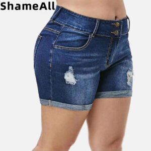 Plus Size Streetwear Push Up Slim Hip Cuffed Short Jeans 3xl 4xl Summer Korean Holes Women Ripped Casual Denim Shorts 1