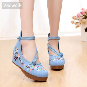 Veowalk Flowers Embroidered Women High Top Canvas Hidden Flat Platforms Ankle Dual Strap Ladies Casual Denim Cotton Shoes 1