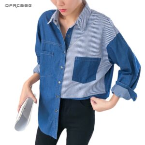 Loose BF Patchwork Striped Jeans Blouses For Women 2020 Autumn Streetwear Vintage Ladies Long Sleeeve Denim Shirt Top Female 1