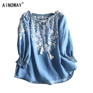 Vintage chic women Floral embroidery  beach bohemian  denim blouse shirt long sleeve v-neck tassel   loose Boho jeans shirts 1