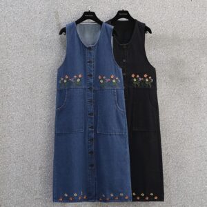 Floral Embroidery Denim Dress Women Sleeveless Sundress Single Breasted Casual Loose Jeans Dresses Spring Autumn Midi-calf Dress 1