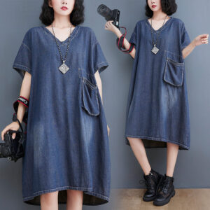 Summer Denim Dress Pockets Loose Lady Clothing 2021 New Plus Size Mid- Length V-Neck Casual Fashion Oversized Baggy Robes zh1590 1