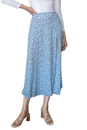 Fashion vintage skirt 2021 flower polka dot print high waist stretch split long A-line skirts for women beach maxi skirt 4