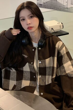 Stitching Turn Down Collar Fashion Vintage Checkered Loose Jacked Coat 6