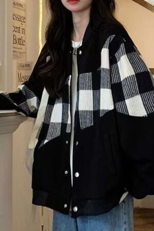 Stitching Turn Down Collar Fashion Vintage Checkered Loose Jacked Coat 3