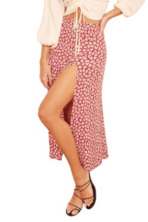 Fashion vintage skirt 2021 flower polka dot print high waist stretch split long A-line skirts for women beach maxi skirt 5