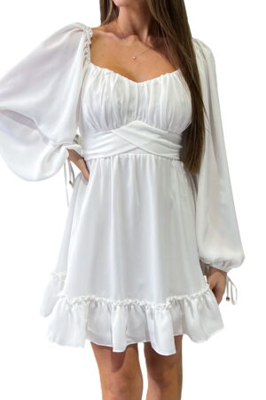 Long sleeve a line solid white color pleated ruffles party dress 2