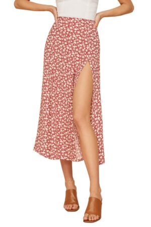 Fashion vintage skirt 2021 flower polka dot print high waist stretch split long A-line skirts for women beach maxi skirt 3