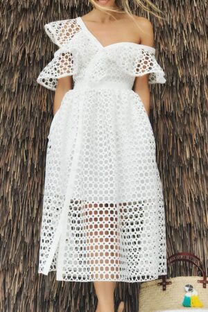 White perforated v neck off shoulder backless long maxi dress 5