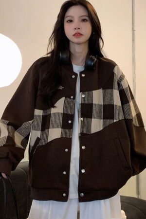 Stitching Turn Down Collar Fashion Vintage Checkered Loose Jacked Coat 2