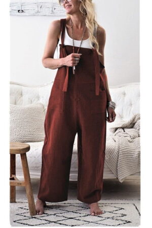 New hot casual loose wide leg strap jumpsuit woman cotton linen solid pocket romper ladies playsuits overalls large size 10