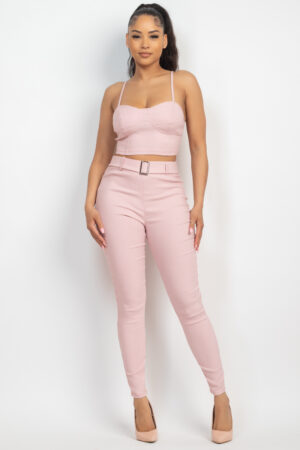 Plaid houndstooth cami crop top and belted pants set