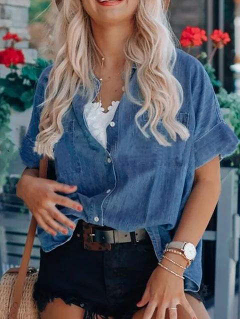 Denim Shirt For Women Short Sleeve Loose Casual Solid Color Tshirt Summer Tops For Women Cardigan Blouse Crop Tops Tees 1