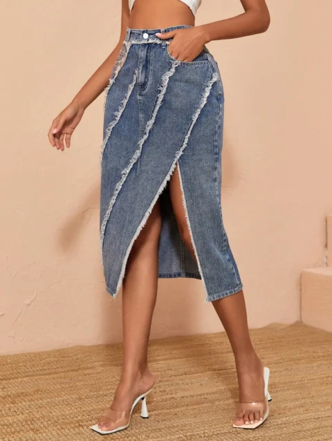 Y2K Women Fashion Vintage Denim Skirt Slit Hem Raw Edge Bodycon Skirt High Waist Versatile Streetwear Mujer 1